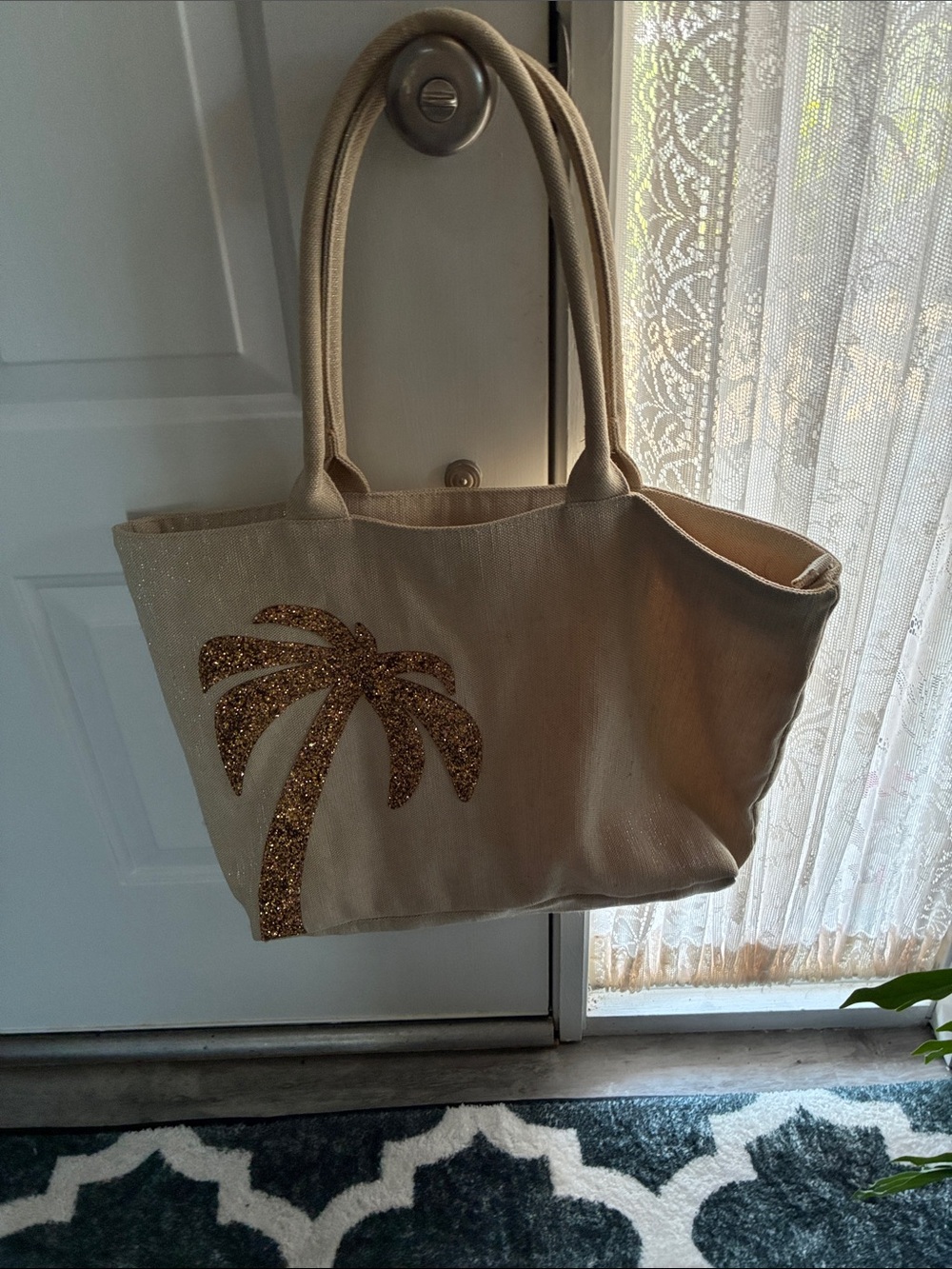Bath & Body Works Cream Canvas Tote with Gold Glitter Palm